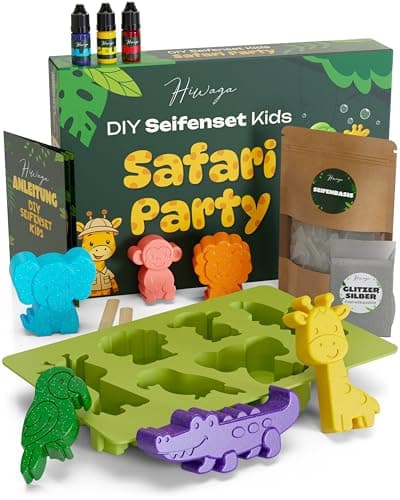 Image of Hiwaga DIY Soap Making Set Children, Creative Set for Young Explorers, Craft Set Children from 6 Years to Make Soap, Craft Set with 400 g Raw Soap, Colour, Cosmetic Glitter & Safari Silicone Mould