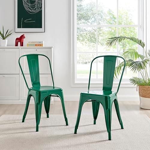 Image of Furniturebox UK Colton 2x Dark Green Metal Dining Chairs for Kitchen Or Dining Room Tolix Inspired Steel Powder Coated Stackable Lightweight Retro Bistro Industrial Dining Furniture Set of 2 Chairs