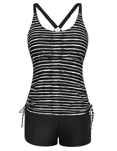 Image of Swimsuits for Women,Strappy Tankini Swimsuits Drawstring Bathing Suits Two Piece Floral Print Swimwear with Shorts