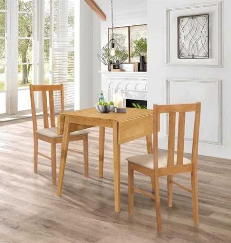 Image of Hallowood Furniture Ledbury Small Dining table and 2 Chairs with Warm Cream Fabric Seats, Light Oak Drop Leaf Table and Chairs Set 2, Space-saving Dining Room Sets for Home and Cafe