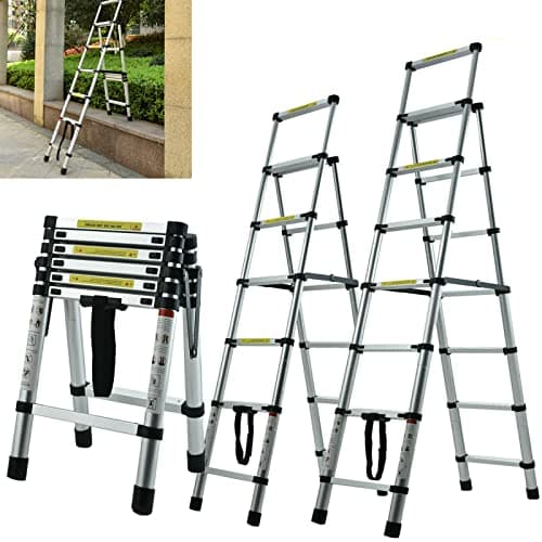 Image of Telescopic Ladder, Portable 6+7 Step Aluminium Extension Ladder, A-Frame Multi-Purpose Anti-Slip Extendable Loft Ladder Folding Ladder Lightweight Collapsible Ladder, Max Load 150kg, EN131 (2m+2.3m)
