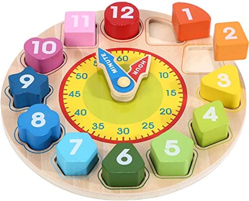 Image of Wondertoys Wooden Shape Sorting Clock Toy with Numbers and Shapes Teaching Time Educational Gifts for Children