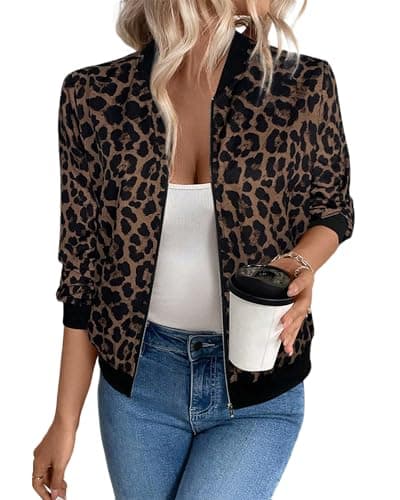 Image of LEBOOBELL Women's Leopard Bomber Jacket Full Zip Coat Lightweight Flight Baseball Jackets Spring Autumn Outerwear Brown XL