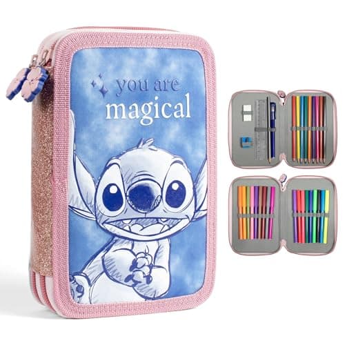 Image of Disney Stitch Kids Filled Stationery Pencil Case Multi-Coloured with Pencils, Marker,s Ruler, Rubber, Back to School