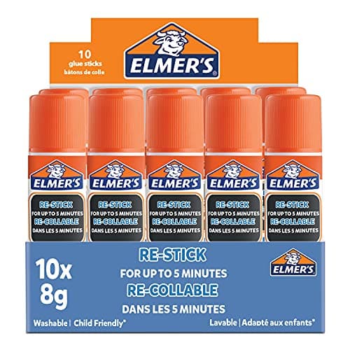 Image of Elmer's Re-Stick Glue Sticks | Dries Clear | Easily Adjustable Up To 5 Minutes | Washable & Child-Friendly | 8g | 10 Count