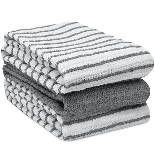 Image of Towelogy Kitchen Tea Towels Set Of 3 Cotton - 40 x 60 cm Super Soft & Quick Drying Dish Cloths - Striped & Solid Designed (Grey/White, 3)