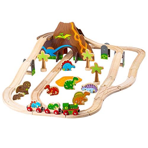 Image of Bigjigs Rail Dinosaur Train Set | Wooden Railway Sets for Kids | Wood Track with Toy Dinosaurs & Accessories | Montessori Toys for Children Age 3+ | Developmental Activity | Gifts for Toddlers
