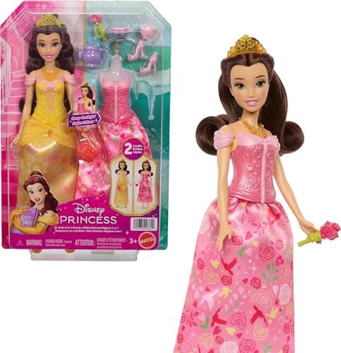 Image of Mattel Disney Princess Toys, Belle Fashion Doll with 2 Looks, 9 Accessories, 2 Snap-On Bodices & 2 Skirts, 2-in-1 Stories Inspired by Movie