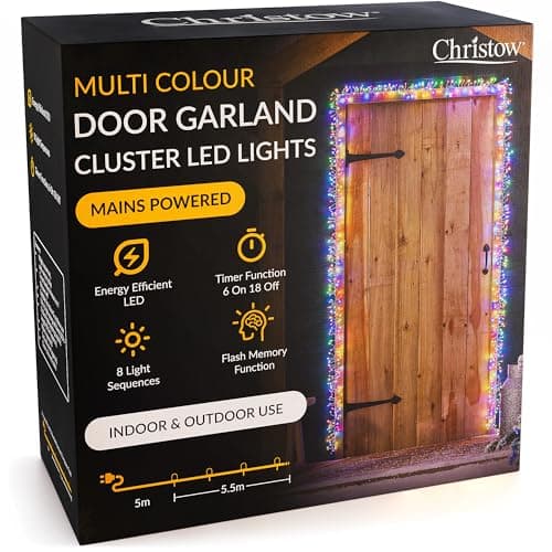 Image of Christow Christmas Cluster Light Door Garland, 800 Multi-Coloured Micro LED Decoration with Timer, 8 Light Modes Flashing & Static, Indoor & Outdoor Use, Mains Powered, 5.5m for Standard Door