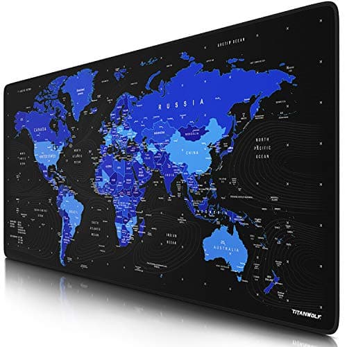 Image of Titanwolf XXL Gaming Mouse Mat 900 x 400 mm - Table Mat Mouse Mat Large - Precision and Speed - Rubber Base - Non-Slip Durable Water-Repellent - World Map Black Blue