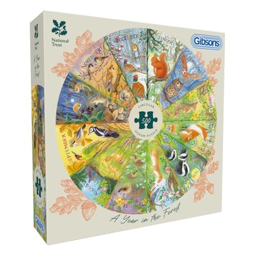 Image of Gibsons National Trust A Year in the Forest 500 Piece Circular Jigsaw Puzzle for Adults – Seasonal Wildlife & Animals Artwork by Claire Comerford – Premium Sustainable Puzzle Made in UK/EU