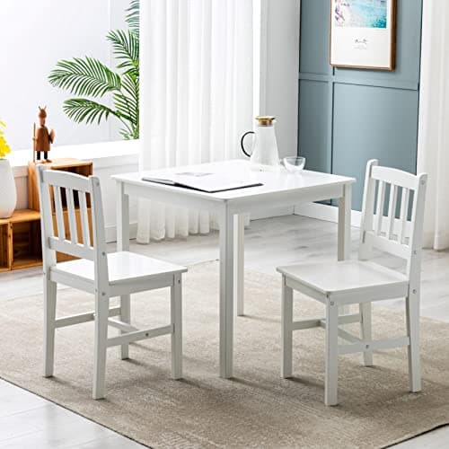 Image of mcc direct Classic Solid Wooden Dining Table and 2 Chairs Set Kitchen Home 2+1 (White)