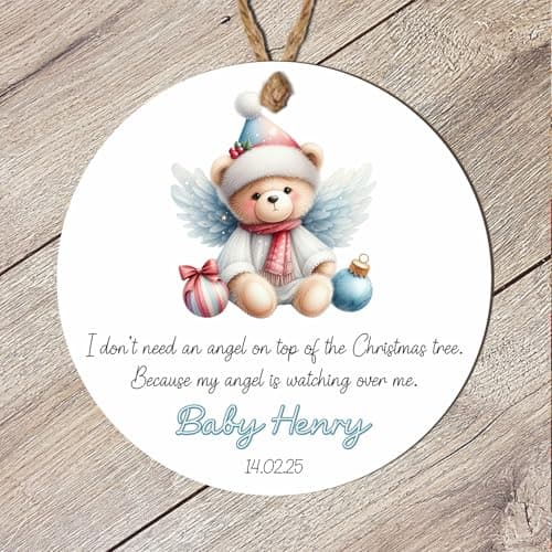 Image of Personalised Angel Baby Christmas Tree Decoration - Custom Teddy Bear Wings Hanging Bauble For Boy, Girl Born Sleeping Keepsake (With Baubles - Snowflake, MDF Wood - Indoor Use Only)