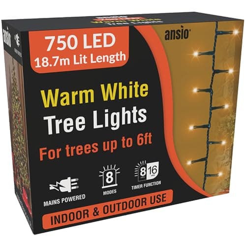 Image of ANSIO® Christmas Tree Lights 750 LED 18.7m/61ft - Warm White Cluster Compact Lights for Indoor & Outdoor Decorations Fairy Lights with Timer for Xmas Garden & Party | Mains Powered Green Cable