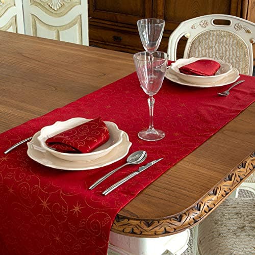 Image of BGEUROPE LUXURY CHRISTMAS STARS TABLE RUNNER - LARGE HEM - ANTI STAIN RESISTANT - PACK OF 2 UNITS - RED
