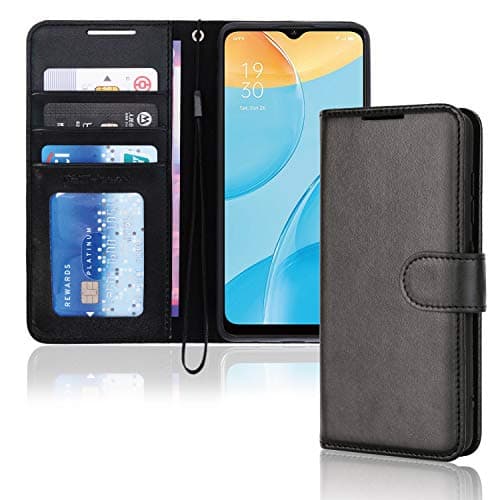 Image of TECHGEAR Leather Wallet Case for Oppo A15 / A15s, Flip Protective Case Cover with Wallet Card Holder, Stand & Wrist Strap - Black PU Leather with Magnetic Closure