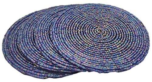 Image of Sharvgun Multi-Blue Beaded Coaster Set Set of 6 Home kitchen Décor Drink Coaster Housewarming Gift