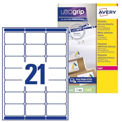 Image of Avery Printable, Customisable Address Mailing Labels, Laser Printers, 21 Labels per A4 Sheet, 5,250 Labels, QuickPEEL (L7160),White
