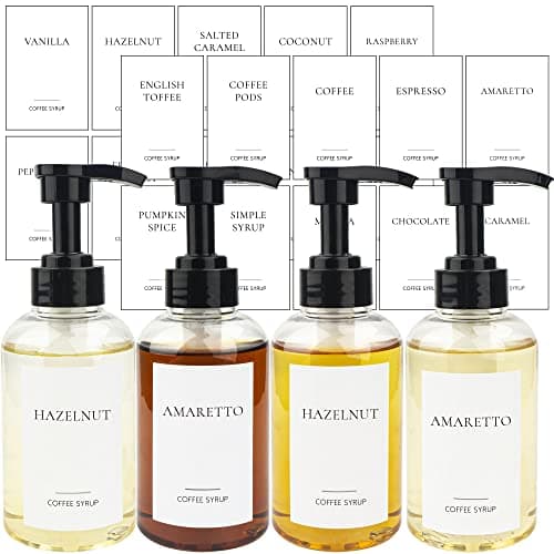 Image of Ezebesta Set of 4 Coffee Syrup Dispenser Bottle 300ml PET Plastic Pump Bottles with Labels for Coffee Bar Station Organization