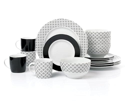 Image of 16pc Black Geo Porcelian Dinner Set