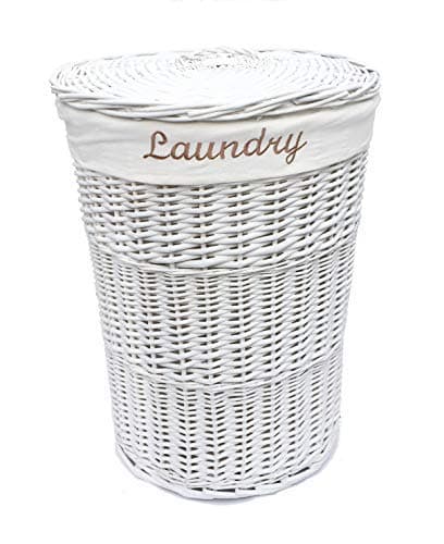 Image of Round Wicker Laundry Basket Lined Bathroom Washing Basket With Lid White Small 30 x 30 x 42.5 cm