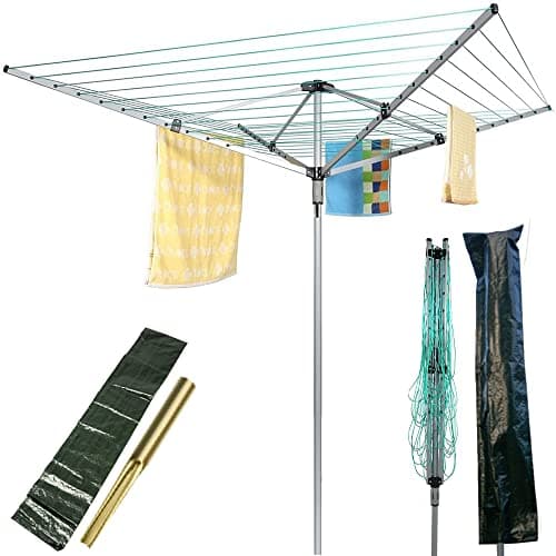 Image of IFJA Aluminium 4 Arm 60M Retractable Rotary Airer for Clothes | Outdoor Clothes Airer with Rust Proof Washing Line Spike and Parasol Cover | Heavy Duty Rotary Washing Line Outdoor