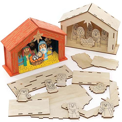 Image of Baker Ross FC248 Wooden Nativity Stable Kits - Pack of 2, Wooden Crafts for Children to Decorate and Display, Make Your Own Christmas Decorations
