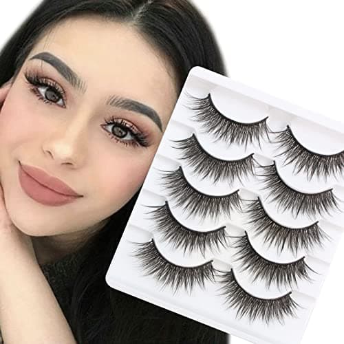 Image of Glowingwin Fake Lashes Wispy Mink Eyelashes Natural Look Light Volume Eyelashes False Lashes Dramatic Fluffy Faux Mink Lashes Strip Lashes 5 Pairs Pack