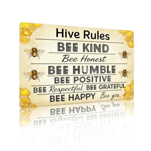 Image of Hive Rules Bee Kind Metal Sign – Cute Inspirational Honey Bee Aluminum Wall Decor for Classroom Nursery Playroom Office Entryway Homeschool Room, 12x8 Inches (26059)