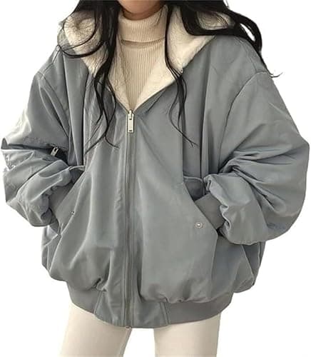 Image of Aria Luxe ﻿Women's Winter Cropped Jacket Fleece Cropped Parka Cardigan Jacket Loose Reversible Parka with Hood Winter Warm Leisure Outdoor Coat(Blue,S)