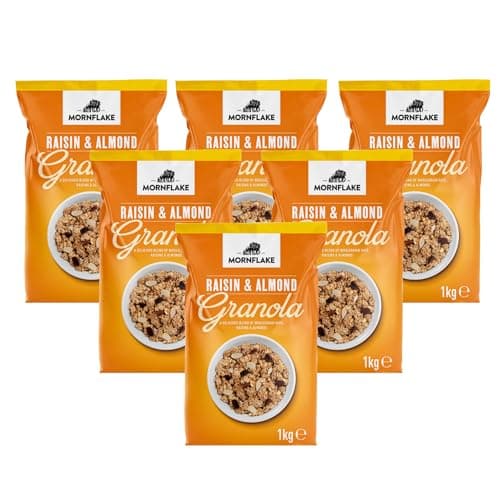 Image of Mornflake - Crunchy Raisin & Almond Granola. 6x 1kg Bags. High Fibre Granola Cereal Multipack, Breakfast Cereal with Raisins, Almonds & Sunflower Seeds. All Natural Ingredients (Pack of 6)