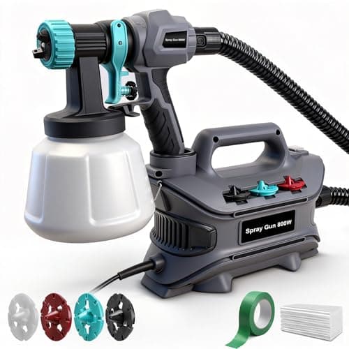 Image of BLUEMARS Electric Paint Sprayer 800W – Fence & Decking Spray Gun with 1200ml Container, 4 Nozzles, 2m Hose – For Garden Furniture, Sheds, Walls & Ceiling – Inclu. 6 Pack Dust Sheet & 40m Masking Tape