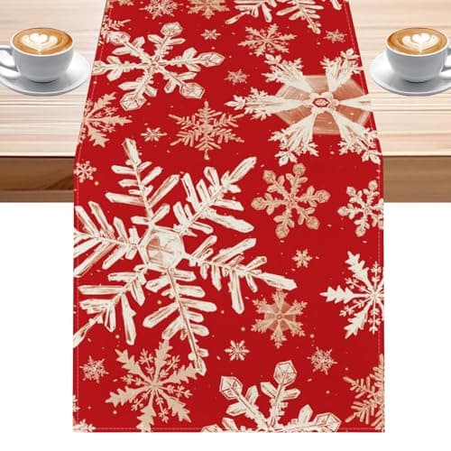 Image of Winter Snowflake Print Xmas Christmas Table Runner, Red Table Runner Decoration, 33x183cm Table Cloth Christmas Gatherings Dining Table Accessories for Home Party Decor Holiday Dinners