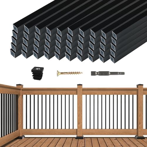 Image of Muzata 50Pack 36" Aluminum Deck Balusters Square Black Deck Railing Stair Porch Staircase Spindles 0.039" Diameter Hollow for Wood and Composite Deck, WT13