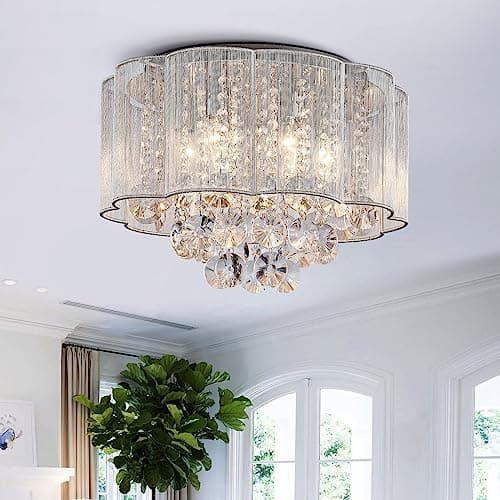 Image of BESTIER Modern Crystal Raindrop Drum Chandelier Shade Lighting Ceiling Flush Mount LED Light Fixture Pendant Lamp for Dining Room Bathroom Bedroom Livingroom 6 E14 LED Bulbs Required