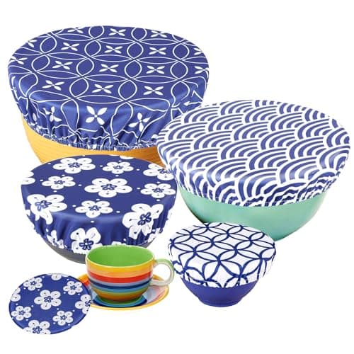Image of PHOGARY Set of 5 Reusable Food Cover, Elastic Fabric Covers Multi Purpose Food Storage Dish Covers Can Lids, Fruit Vegetable Meat Preservation Fresh Keeping Cover Elasticated, Blue Floral