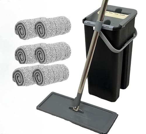 Image of SWISSPACK Floor Mop and Bucket Set − Easy and Simple Squeeze Mop Bucket, Flat Mop with 6-Pack Replacement Machine Washable Microfibre Mop Pads for All Floors Types (Black 6 Pads)