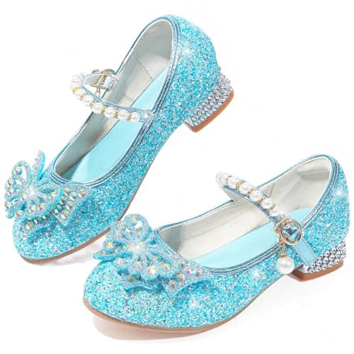 Image of Mokayu Girls Glitter Mary Jane Princesss Shoe Dress Shoes Low Heels Toddler Sequin Party Wedding Birthday Prom Cosplay Dance Up Shoes Blue UK7