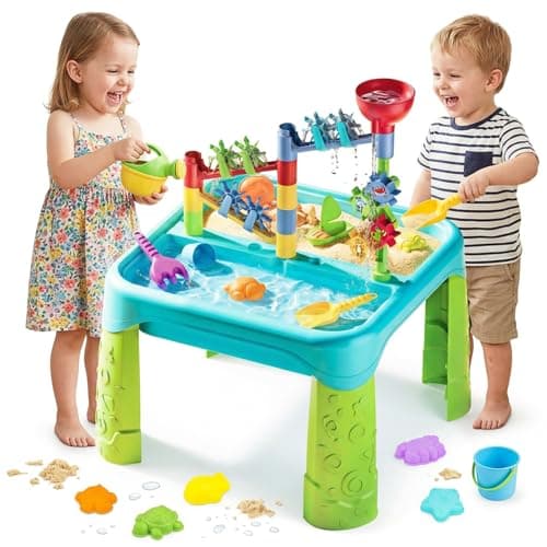 Image of deAO Kids Sand and Water Play Table, Outdoor Activity Water Table for Toddlers, Water Play Table with Water Wheels, Funnel, Sand Moulds & Accessories, Sensory Summer Garden Toys for Boys Girls 3+
