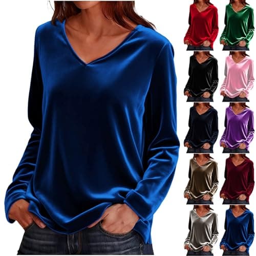 Image of Velvet Long Sleeve Tops Women Crew Neck Solid Gold Velvet Pullover Elegant Tunic Top Soft Loose T Shirts Casual V Neck Ladies Sweatshirts Classic Lightweight Women's Jumpers Work Office Blouses