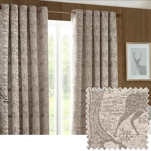 Image of furn. Winter Woods Chenille Room Darkening Eyelet Curtains – Woodland Animals Pattern (Taupe - Width x Drop: 229 x 183cm / 90 x 72, 2 Panels)