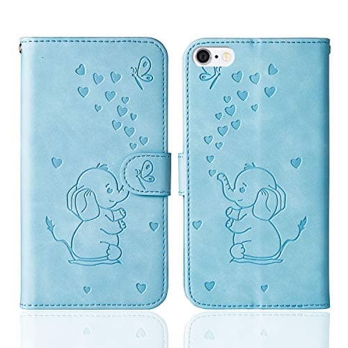 Image of Tiyoo Phone case for iphone 6 plus/6s plus Embossed Love Heart Elephant Butterfly Pattern Folding Stand PU Leather Wallet Flip Cover Protective Case with Card Slots, Magnetic Closure (Blue)