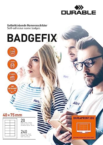Image of Durable DB80666 Badgefix Self-Adhesive Name Badge 40 mm x 75 mm - White (Pack of 20 Sheets/240 Badges)