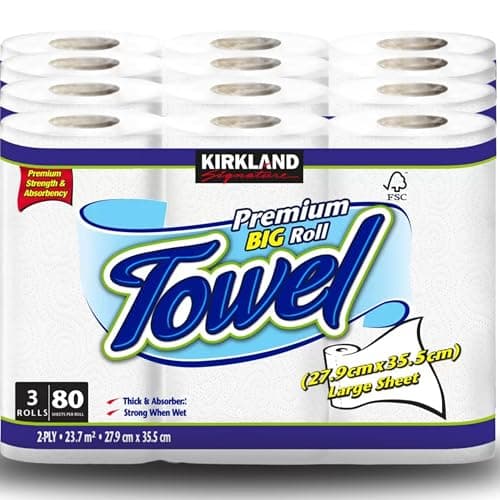 Image of Premium Big ROLL Compatible with Kirkland Signature Kitchen Roll Towel, 2 Ply 12 x 80 Sheet Pack, Fabric, White,