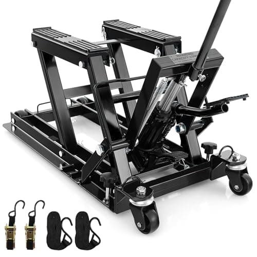 Image of COSTWAY 680kg Hydraulic Motorcycle Lift, Motorbike Jack Lift Table with 3-Level Height Adjustable Platform & 4 Wheels, Foot-Operated Hoist Stand Motorcycle Repair Stand for Quad, ATV, UTV (Black)