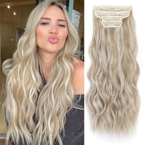 Image of JIAMEISI Clip in Hair Extensions 4PCS Full Head Long Wavy Hair Extensions Synthetic Fiber 22 Inch 200g Clip in Thick Hairpieces for Women/Girls (#18/60 Ash Blonde Mixed Platinum Blonde)