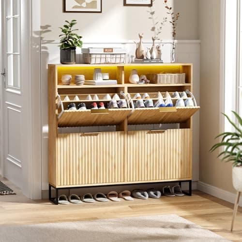 Image of Bonnlo Shoe Cabinet with 4 Flip Drawers, Mid-Century Modern Design, Space-Saving Hidden Shoe Storage with LED for Hallway Organization (Oak)