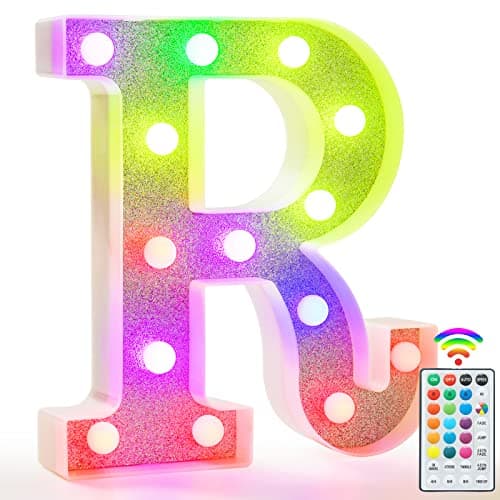 Image of Colorful Light Up Letters, Glitter LED Letter Lights 18 Color Changing Shiny Alphabet Sign Gifts for Girls Women Party Birthday Decorations Remote Night Light Christmas Valentine Wall Table Decor - R
