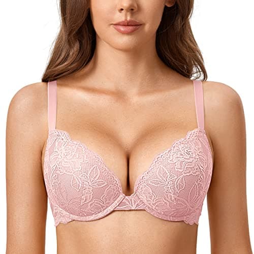 Image of DOBREVA Women's Push Up Lace Bra Sexy Plunge Padded Underwire Support Bras Lift Up Gentle Rose 36C