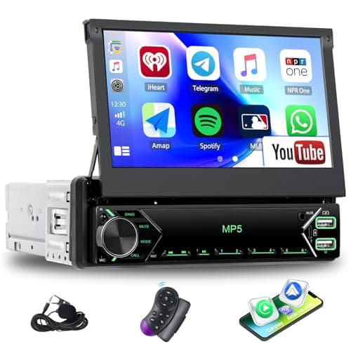 Image of Single Din Car Stereo with Wireless CarPlay Android Auto YouTube, 7 inch 1 Din HD IPS Flip Out Touch Screen Bluetooth Car Radio, Mirror Link, FM, EQ Audio, Steering Wheel Control, Type-C/USB/AUX Input